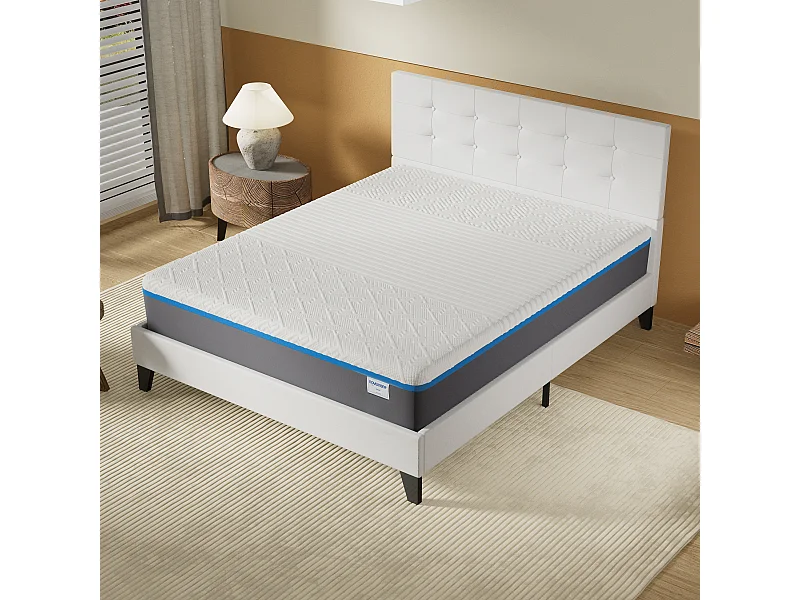 Ensemble 140x190 cm, lit avec tête de lit + Matelas mousse latex ép.28cm accueil à mémoire de forme