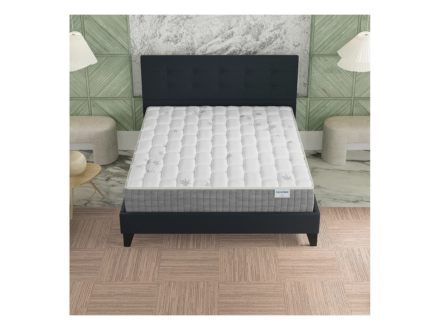 Ensemble 140x190 cm, lit avec tête de lit + matelas ressorts ensachés, ép. 25cm à mémoire de forme