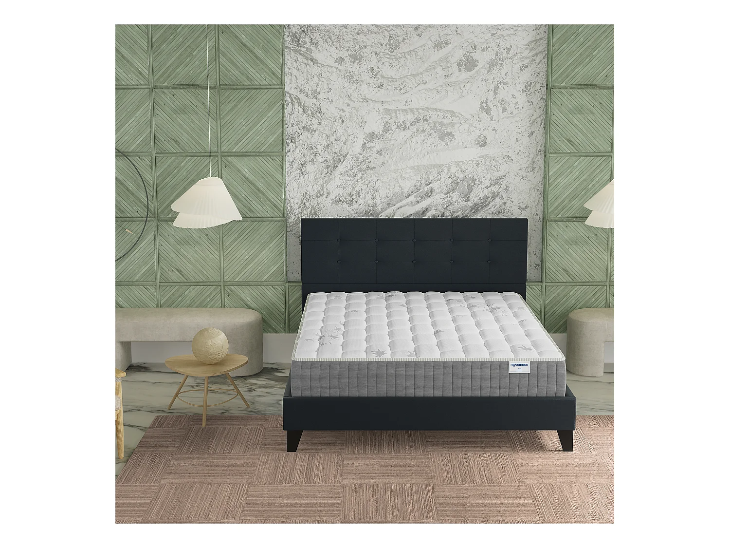 Ensemble 140x190 cm, lit avec tête de lit + matelas ressorts ensachés, ép. 25cm à mémoire de forme