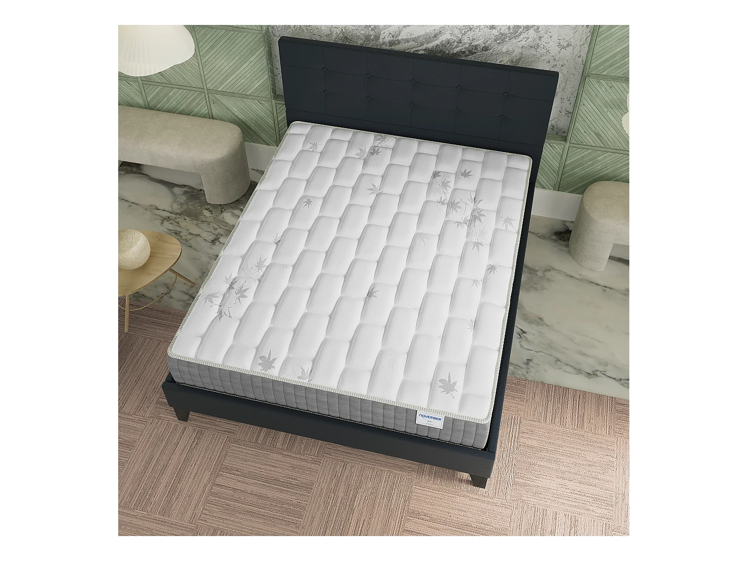 Ensemble 140x190 cm, lit avec tête de lit + matelas ressorts ensachés, ép. 25cm à mémoire de forme