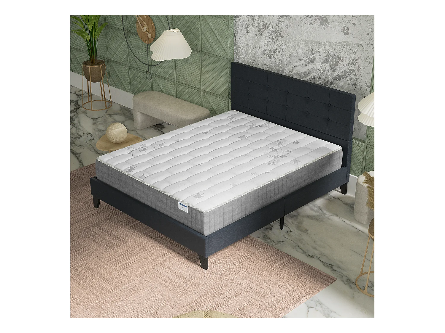 Ensemble 140x190 cm, lit avec tête de lit + matelas ressorts ensachés, ép. 25cm à mémoire de forme