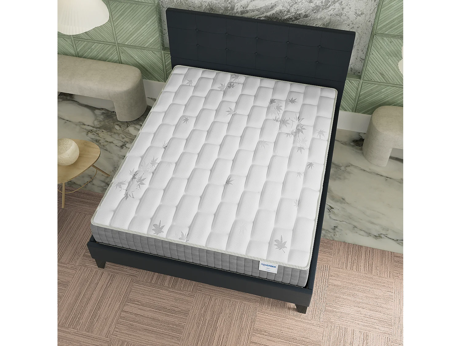 Ensemble 140x190 cm, lit avec tête de lit + matelas ressorts ensachés, ép. 25cm à mémoire de forme