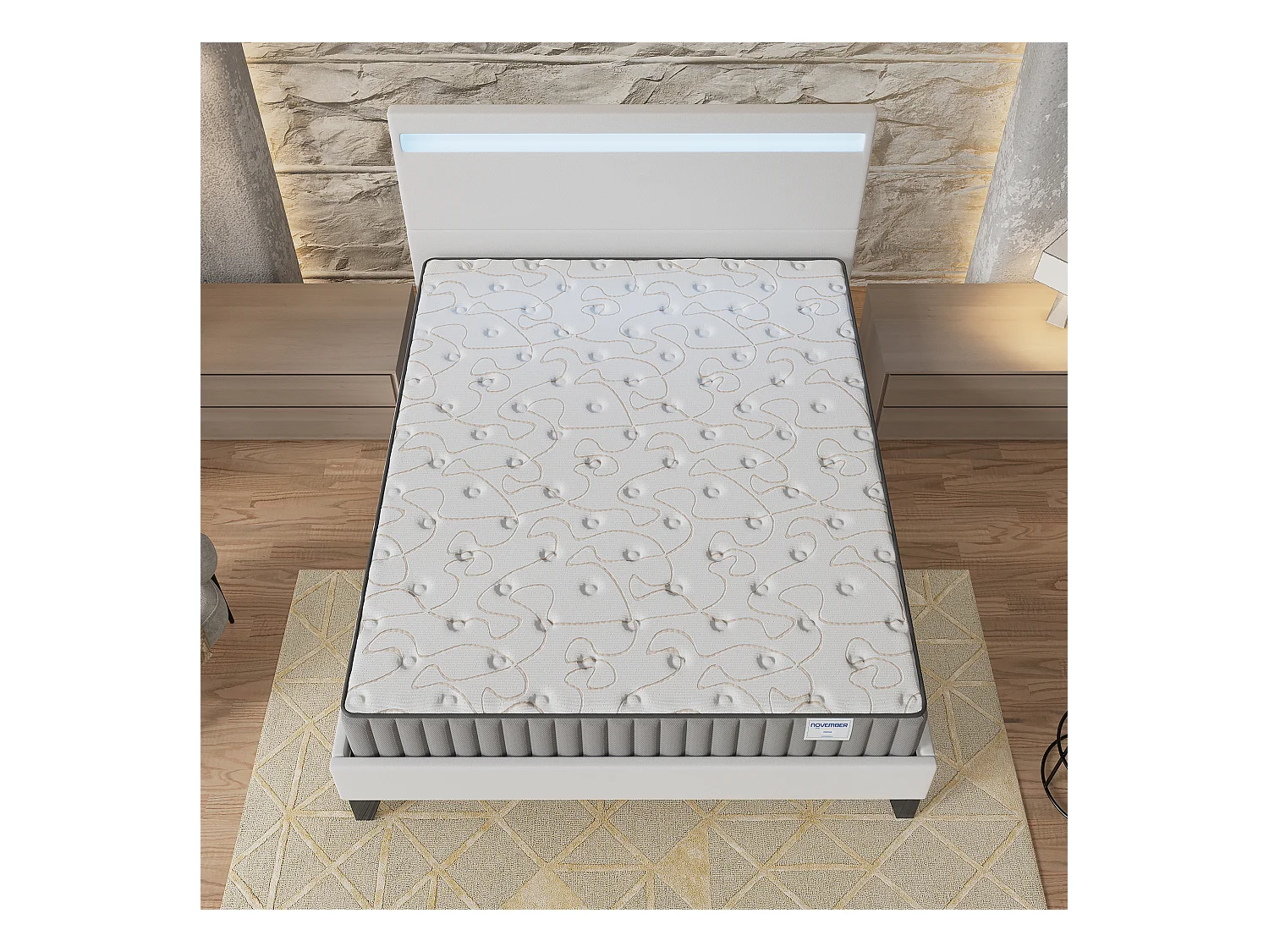 Ensemble Matelas + lit 120x190 cm, Matelas 22cm mousse, accueil mémoire de forme, lit à tête de lit LED similicuir blanc