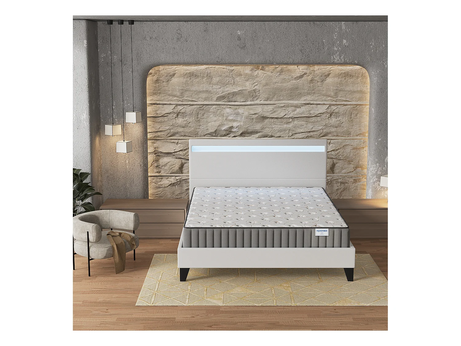 Ensemble Matelas + lit 120x190 cm, Matelas 22cm mousse, accueil mémoire de forme, lit à tête de lit LED similicuir blanc