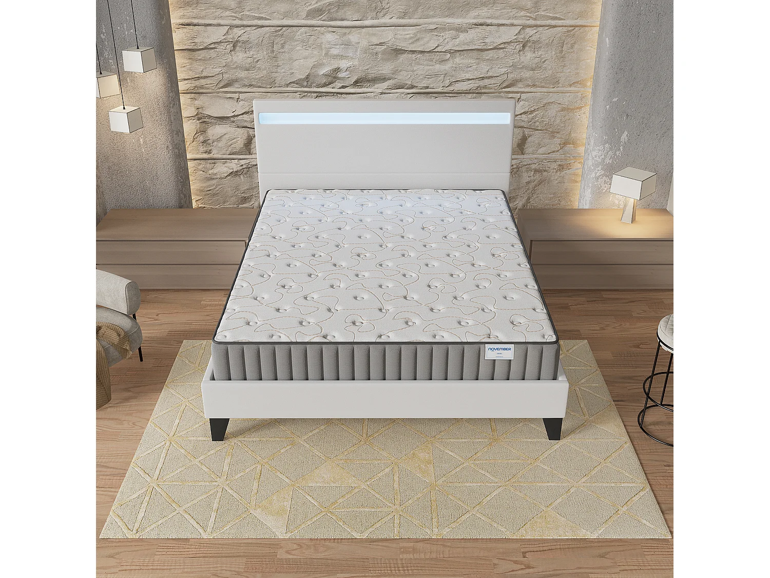 Ensemble Matelas + lit 120x190 cm, Matelas 22cm mousse, accueil mémoire de forme, lit à tête de lit LED similicuir blanc