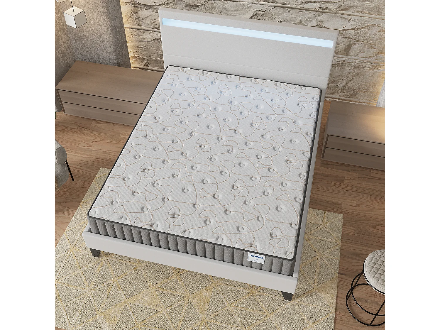 Ensemble Matelas + lit 120x190 cm, Matelas 22cm mousse, accueil mémoire de forme, lit à tête de lit LED similicuir blanc