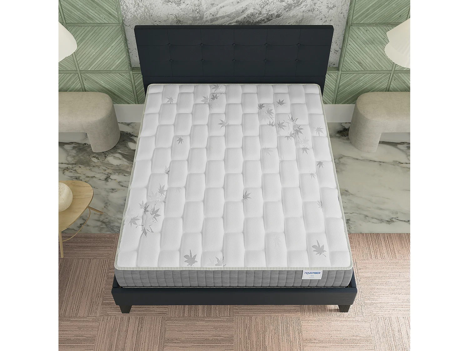 Ensemble 160x200 cm, lit avec tête de lit + matelas ressorts ensachés, ép. 25cm à mémoire de forme
