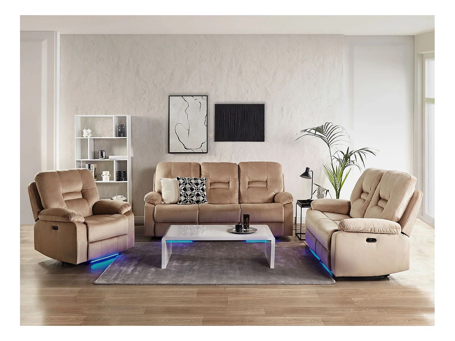 Ensemble de salon relax électrique 6 places BERGEN Velours Beige sable avec port USB
