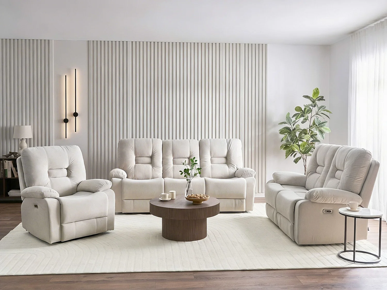 Elektrisch verstellbares Sofa Set 3-teilig Samt beige USB-Anschluss LED Bergen