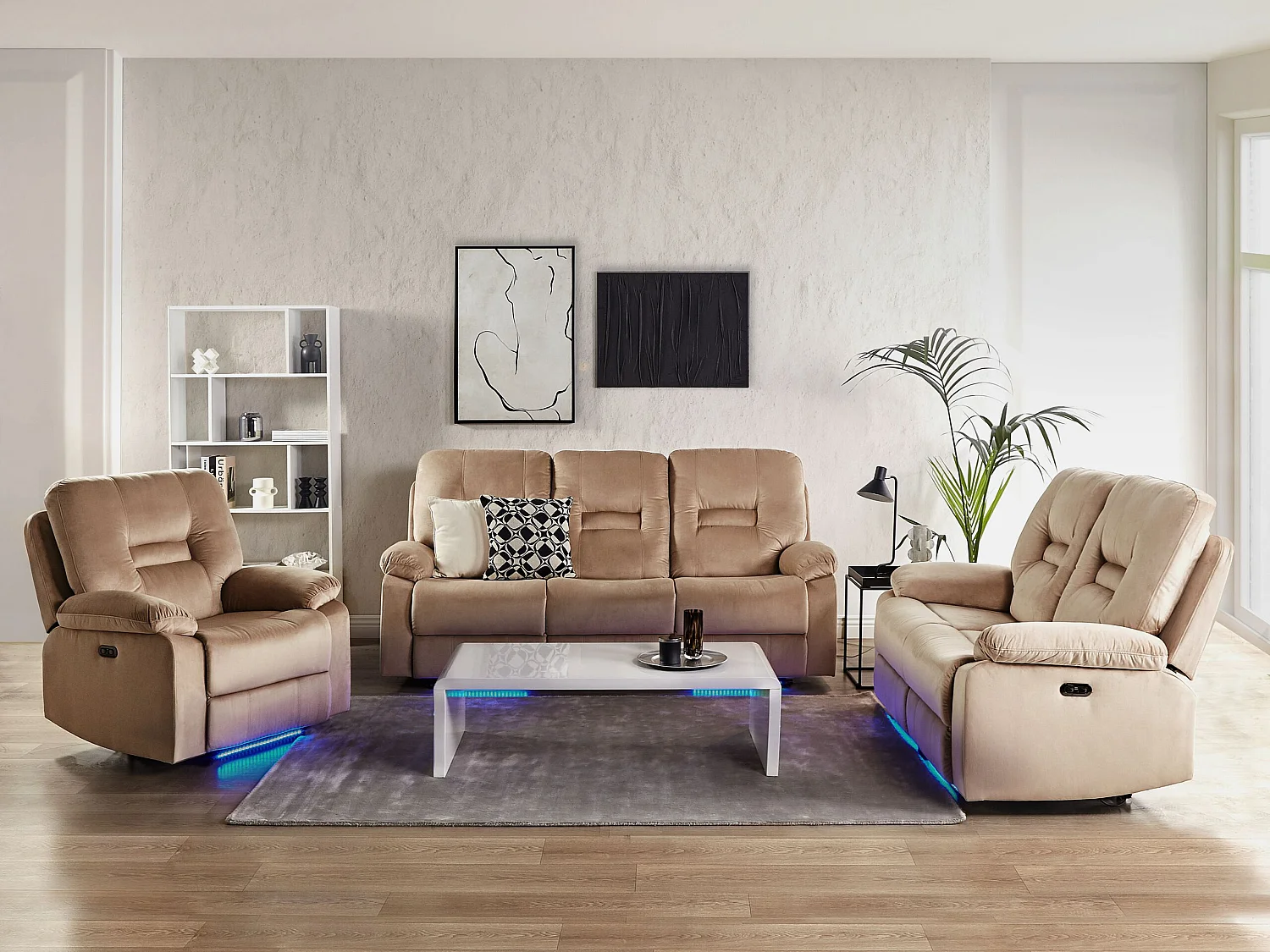 Ensemble de salon relax électrique BERGEN Velours Beige sable avec port USB 6 places