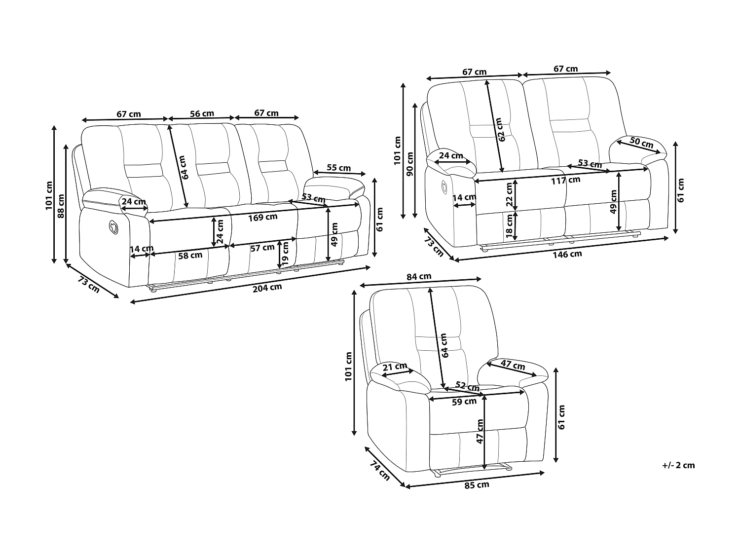 Elektrisch verstellbares Sofa Set 3-teilig Samt grau USB-Anschluss LED Bergen