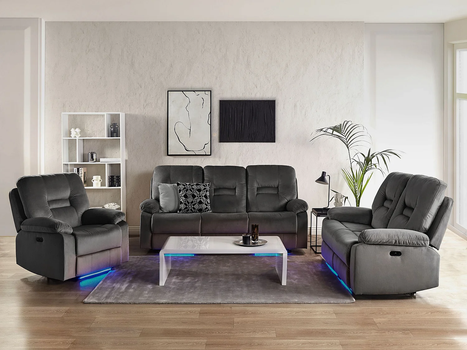 Conjunto de sala de estar reclinable eléctrico BERGEN Terciopelo Gris oscuro con puerto USB 6 plazas