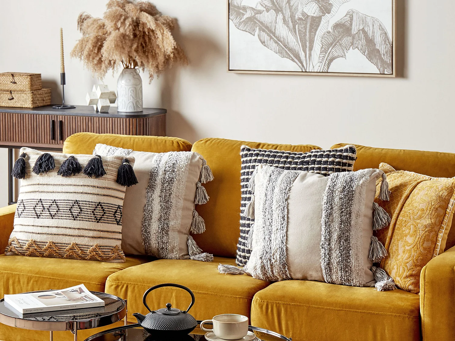 Conjunto de 2 almofadas decorativas HELICONIA Algodão 45 x 45 cm Creme Às riscas