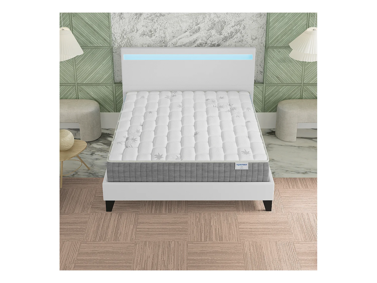 Ensemble Matelas ressorts ensachés + Lit avec tête de lit 140x190 cm ép. 25cm accueil mémoire de forme