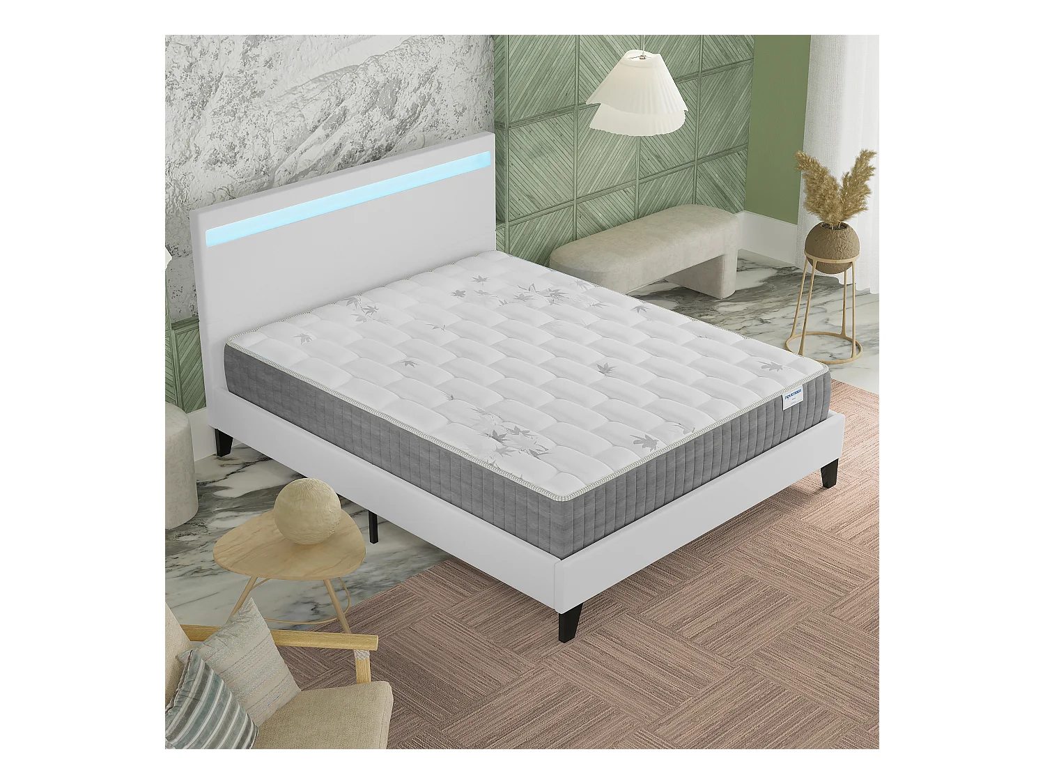 Ensemble Matelas ressorts ensachés + Lit avec tête de lit 140x190 cm ép. 25cm accueil mémoire de forme