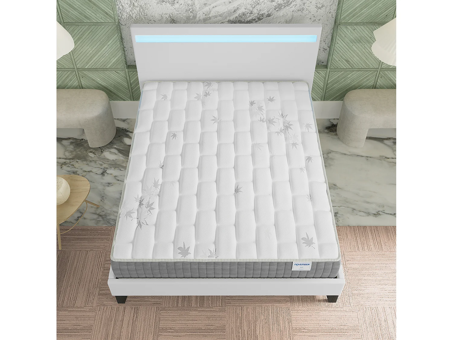Ensemble Matelas ressorts ensachés + Lit avec tête de lit 140x190 cm ép. 25cm accueil mémoire de forme