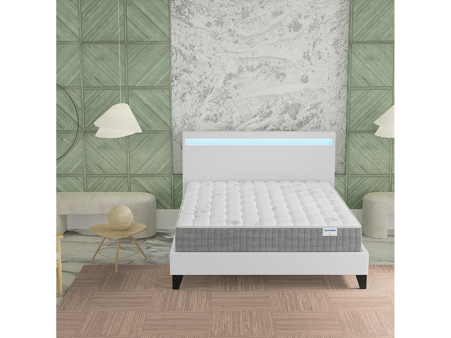 Ensemble Matelas ressorts ensachés + Lit avec tête de lit 140x190 cm ép. 25cm accueil mémoire de forme