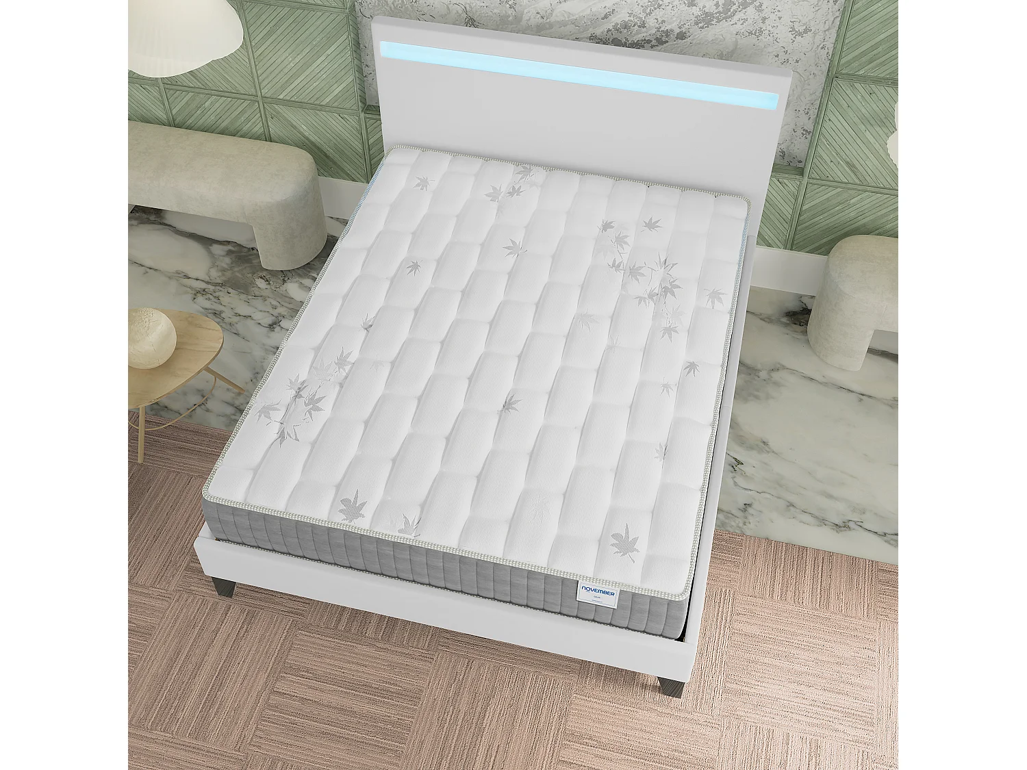 Ensemble Matelas ressorts ensachés + Lit avec tête de lit 140x190 cm ép. 25cm accueil mémoire de forme