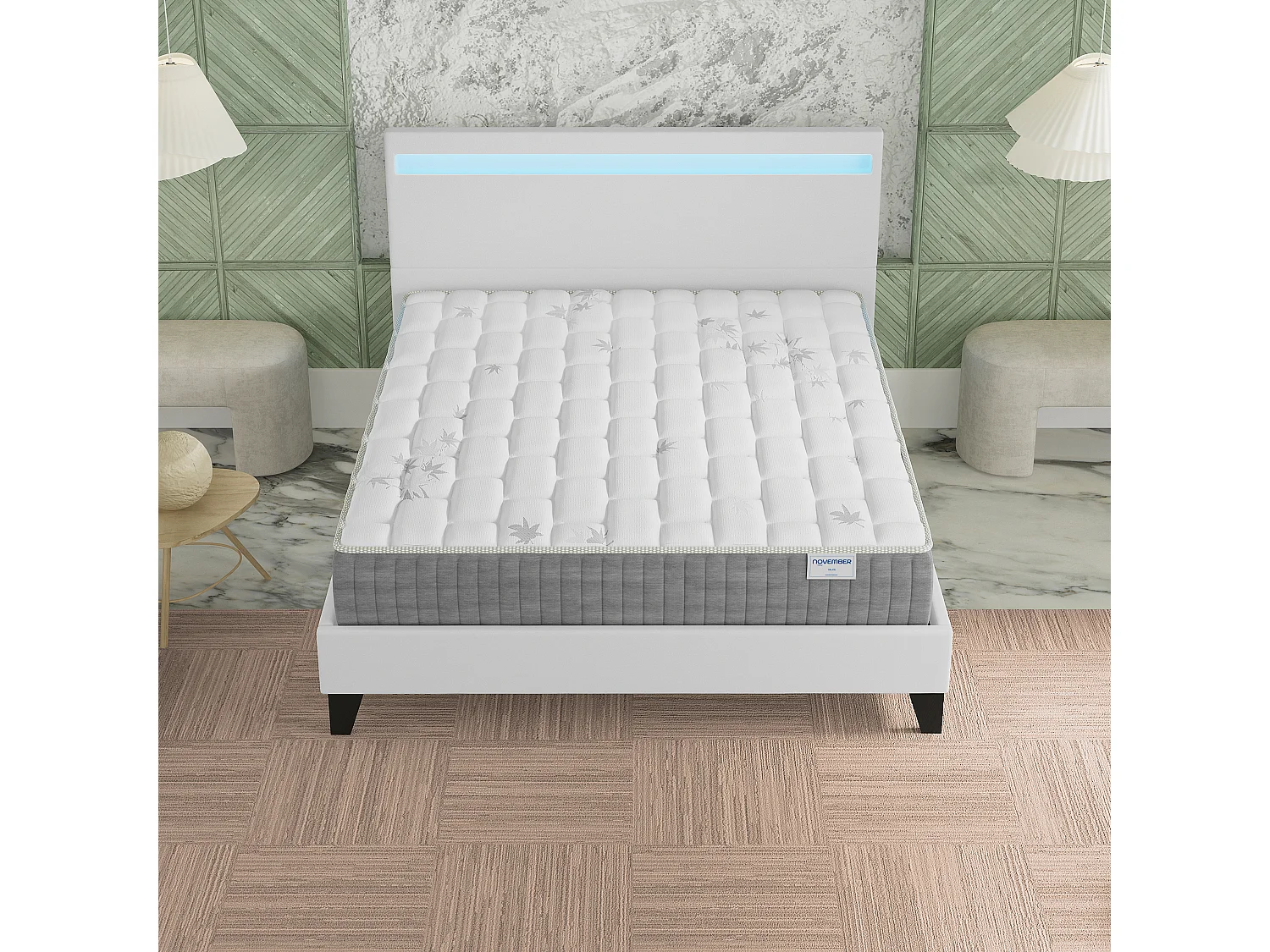 Ensemble Matelas ressorts ensachés + Lit avec tête de lit 140x190 cm ép. 25cm accueil mémoire de forme