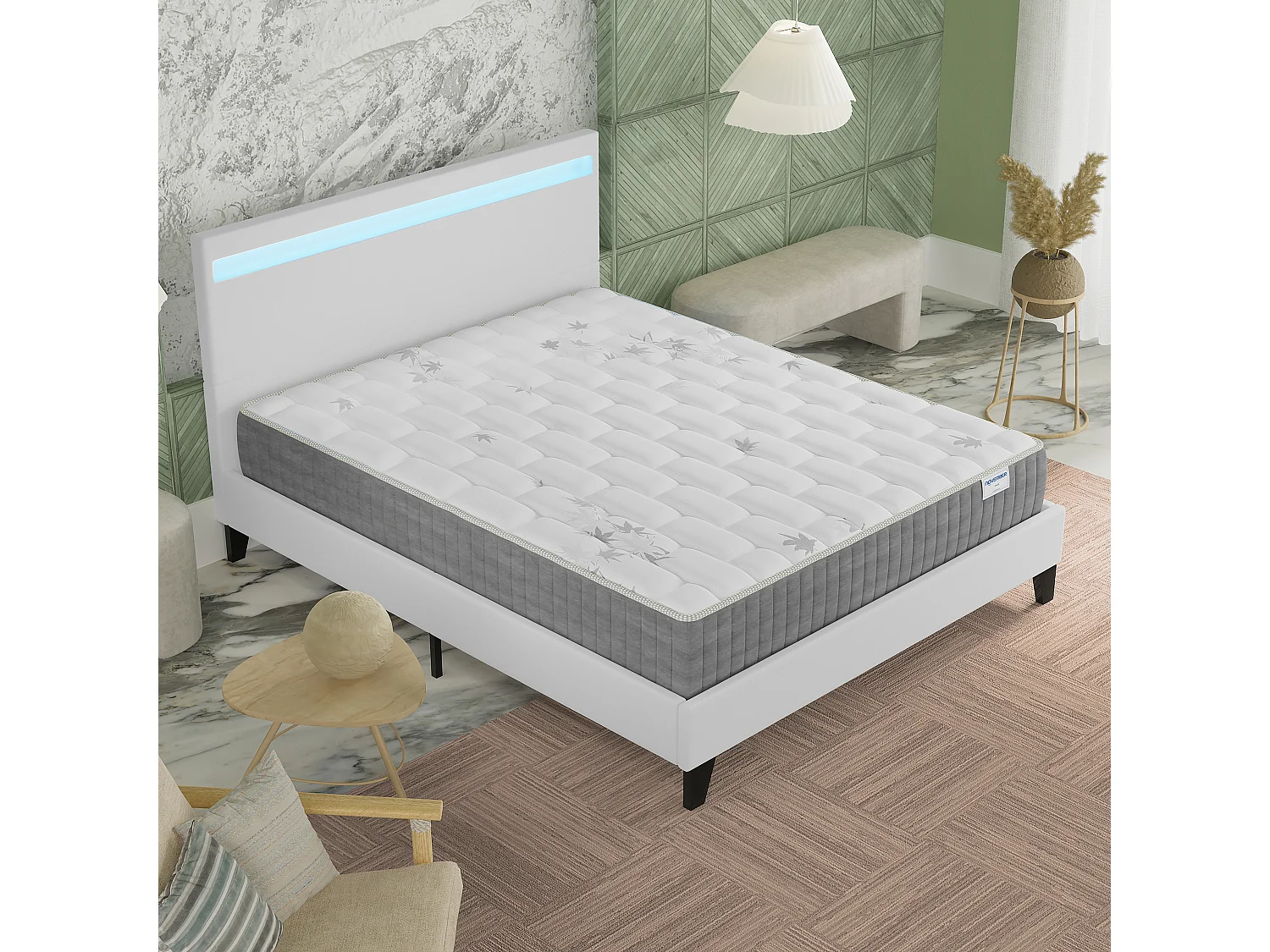 Ensemble Matelas ressorts ensachés + Lit avec tête de lit 140x190 cm ép. 25cm accueil mémoire de forme