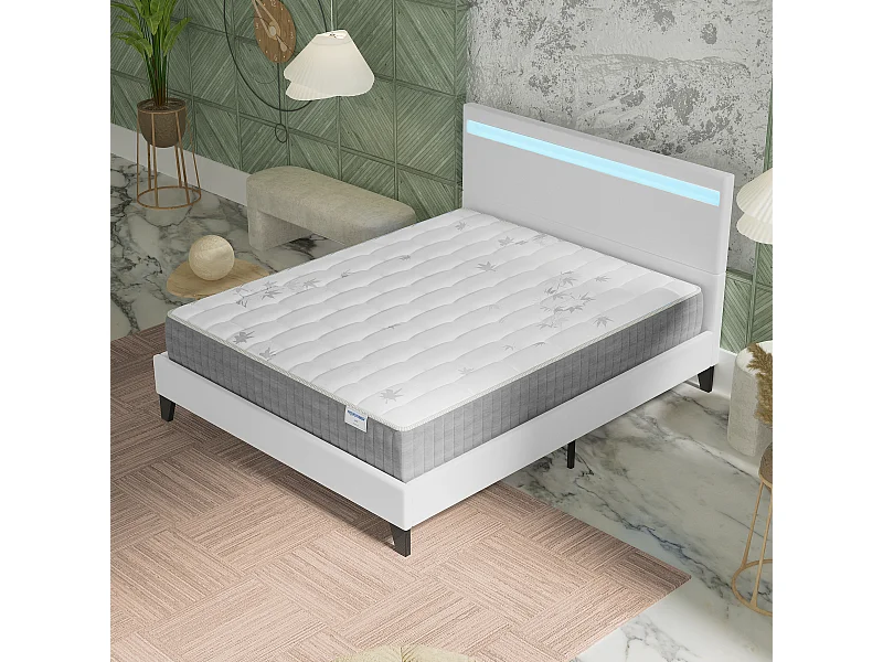 Ensemble Matelas ressorts ensachés + Lit avec tête de lit 140x190 cm ép. 25cm accueil mémoire de forme