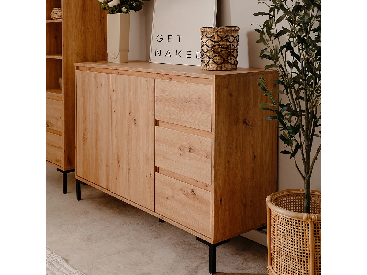 Buffet 2 portes 3 tiroirs effet chêne 120 cm - Ronda