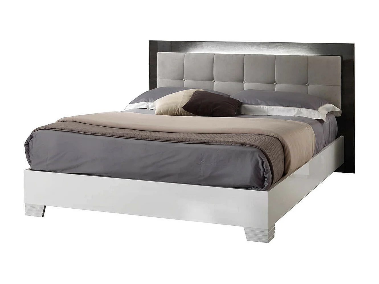 LUCIA - Lit 160x200cm Capitonné Laqué Blanc et Chêne Anthracite + Leds