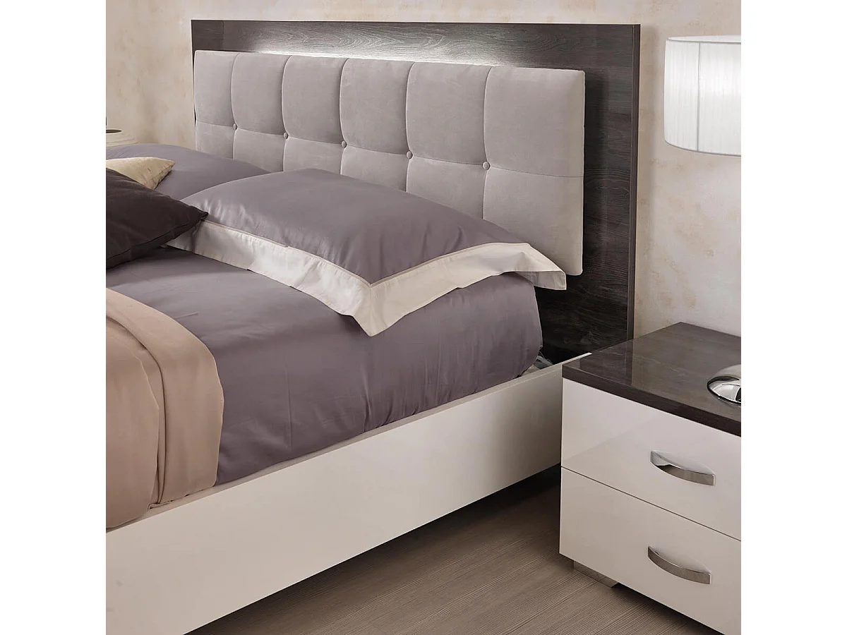 LUCIA - Lit 160x200cm Capitonné Laqué Blanc et Chêne Anthracite + Leds