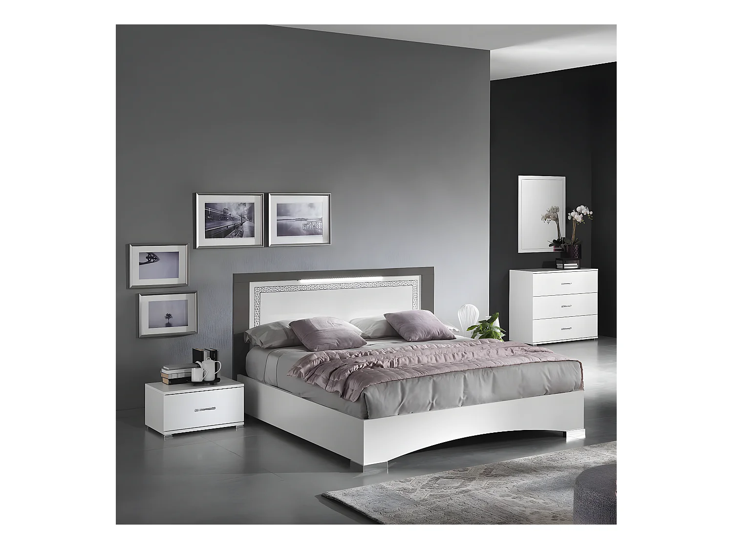 FADILY - Lit 160x200cm Laquée Blanc avec Eclairage Led