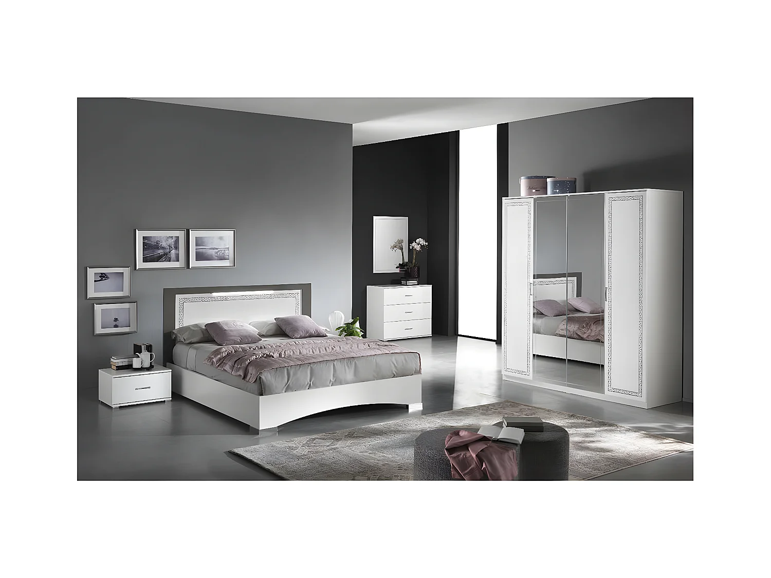 FADILY - Lit 160x200cm Laquée Blanc avec Eclairage Led