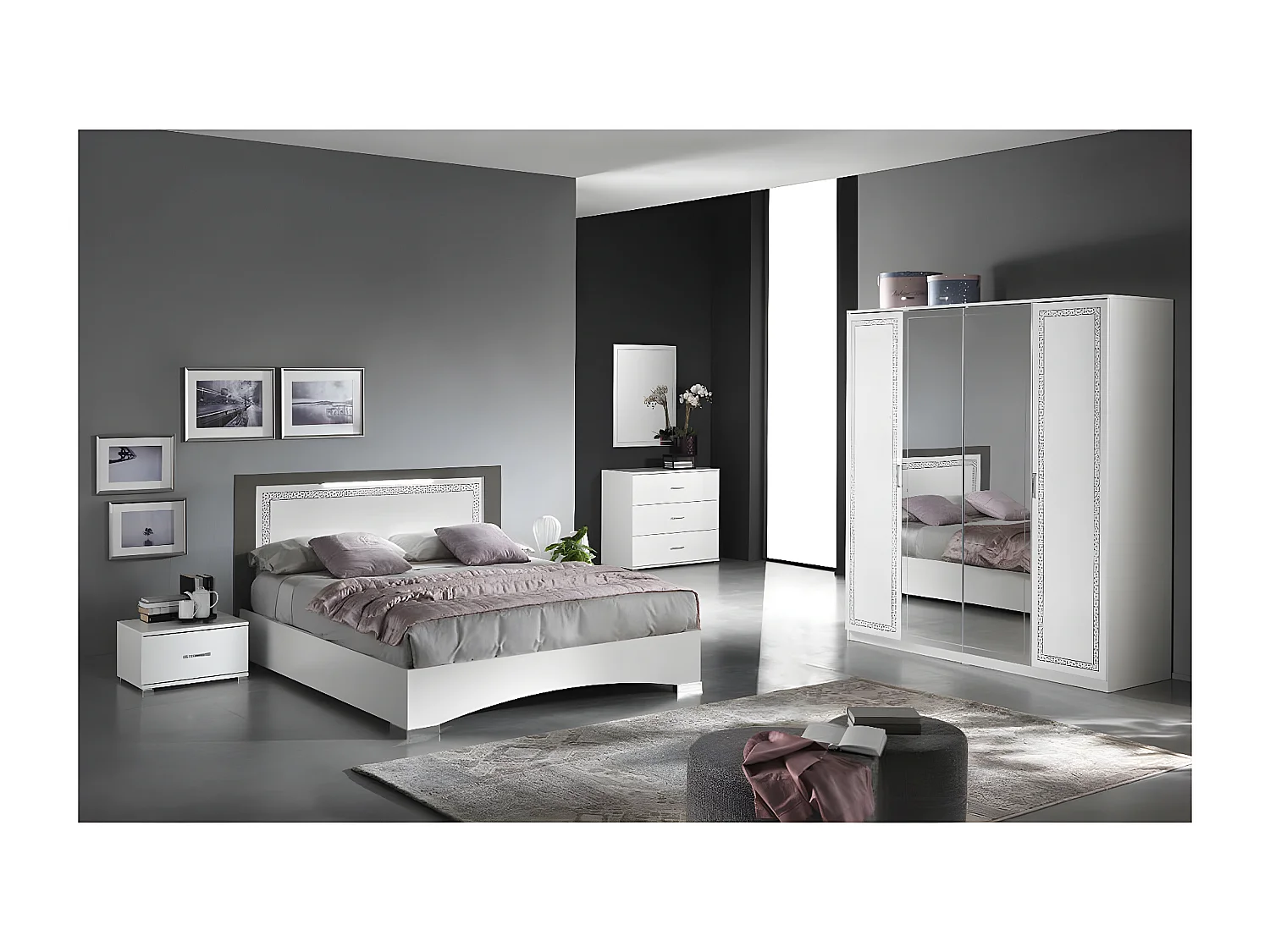 FADILY - Lit 160x200cm Laquée Blanc avec Eclairage Led