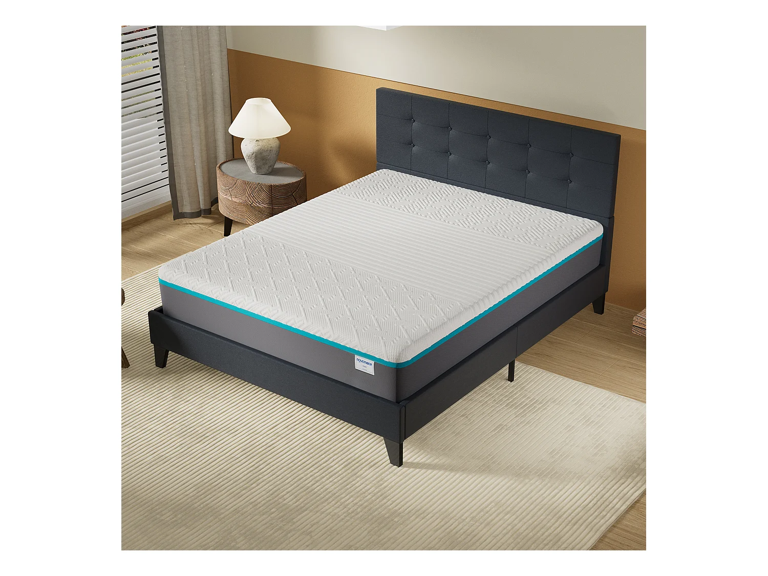 Ensemble 140x190 cm, lit avec tête de lit + Matelas mousse latex ép.28cm accueil à mémoire de forme