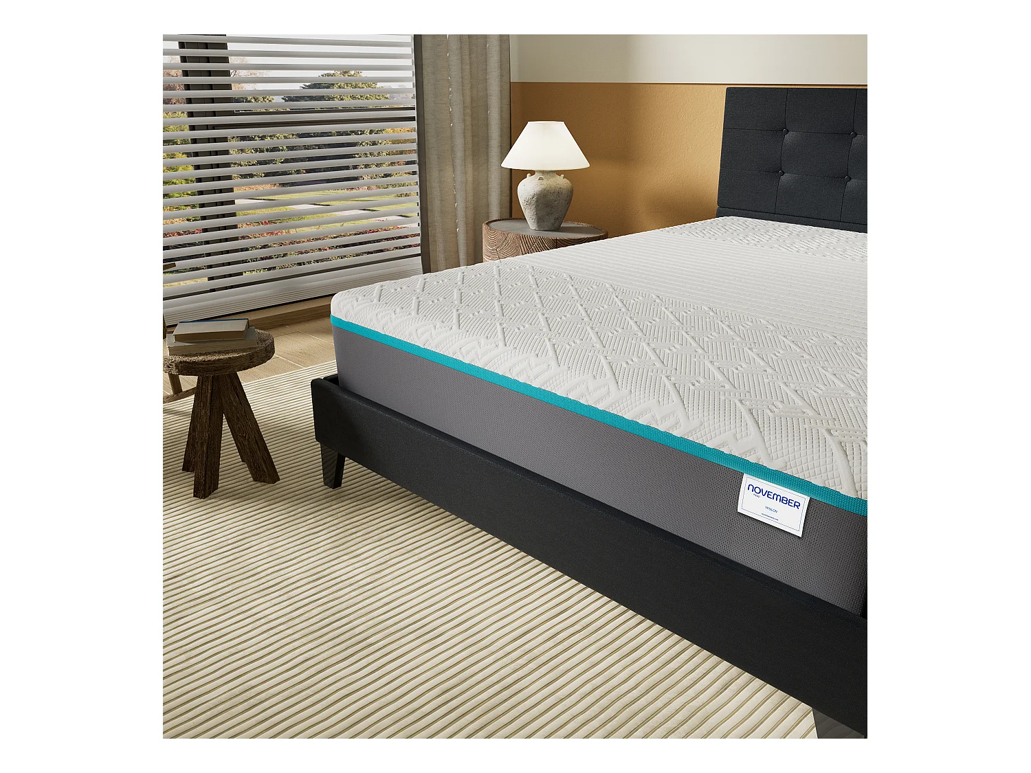 Ensemble 140x190 cm, lit avec tête de lit + Matelas mousse latex ép.28cm accueil à mémoire de forme