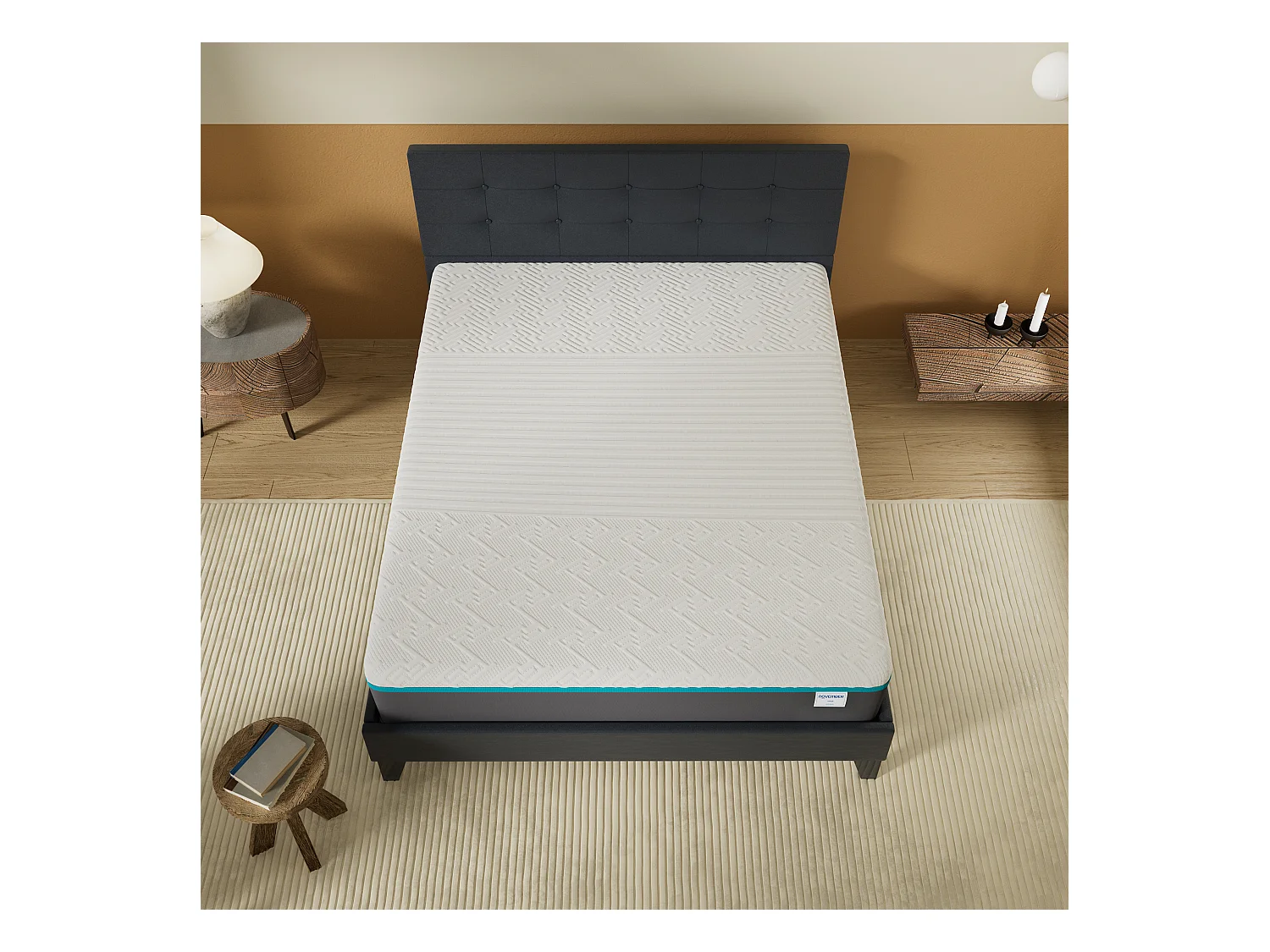 Ensemble 140x190 cm, lit avec tête de lit + Matelas mousse latex ép.28cm accueil à mémoire de forme