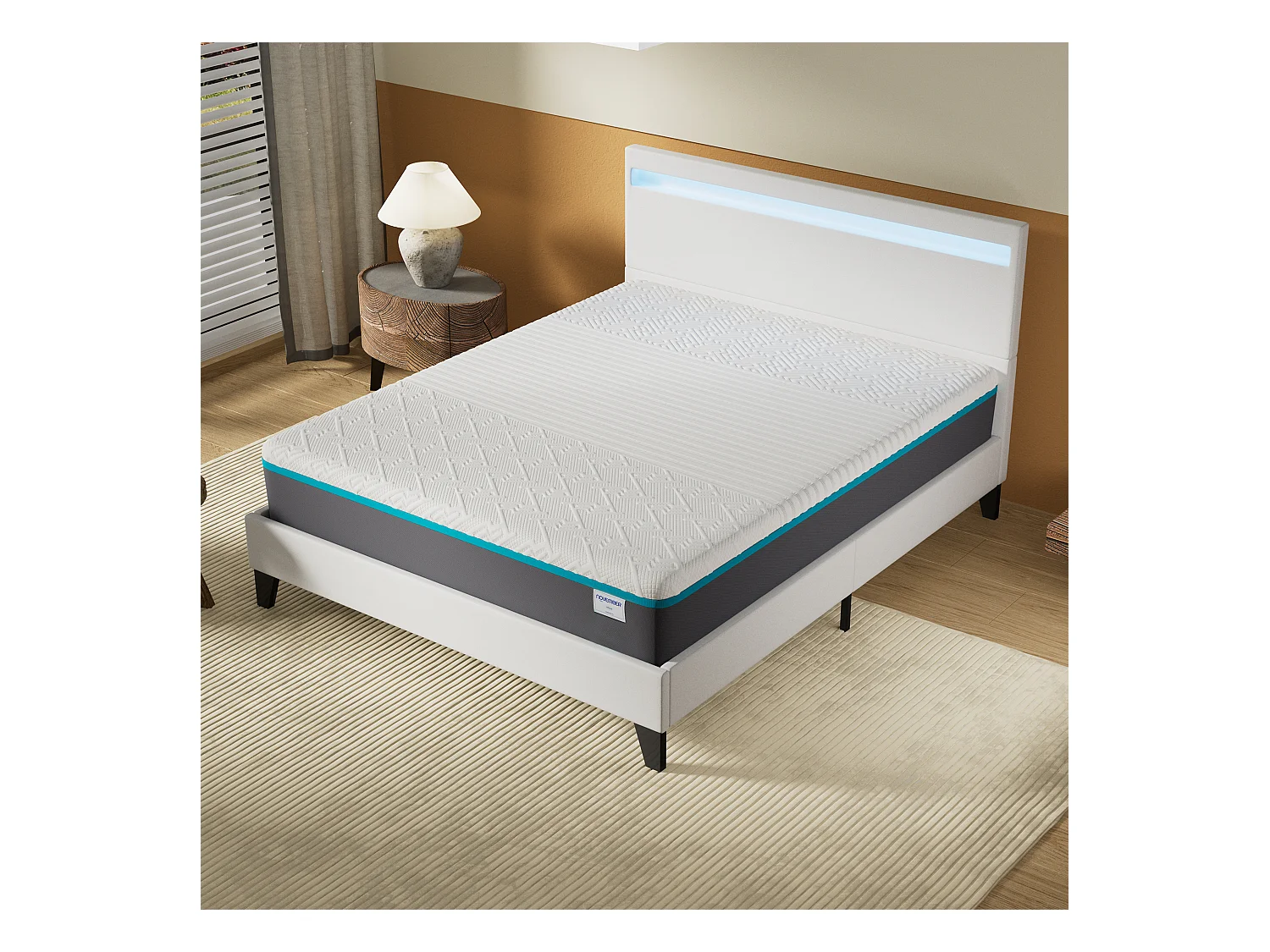 Ensemble Matelas Mousse + Lit Avec Tête De Lit 140x190cm Epaisseur 28cm Equilibré Accueil Latex