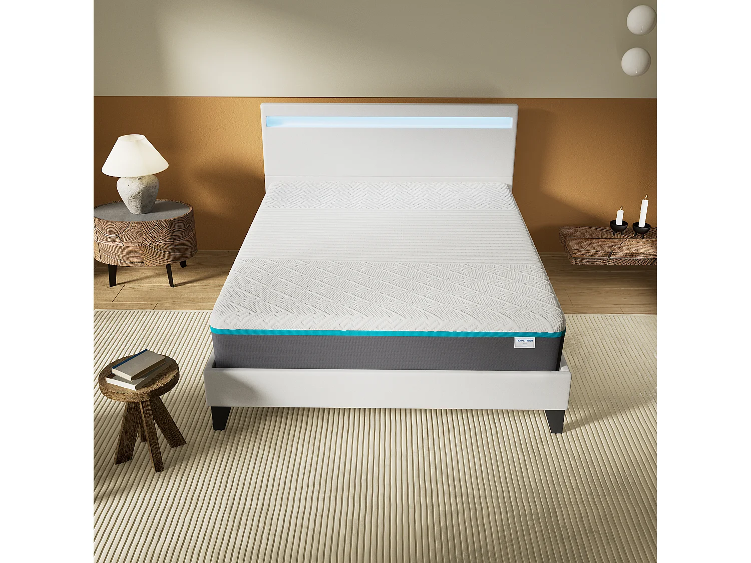 Ensemble Matelas Mousse + Lit Avec Tête De Lit 140x190cm Epaisseur 28cm Equilibré Accueil Latex