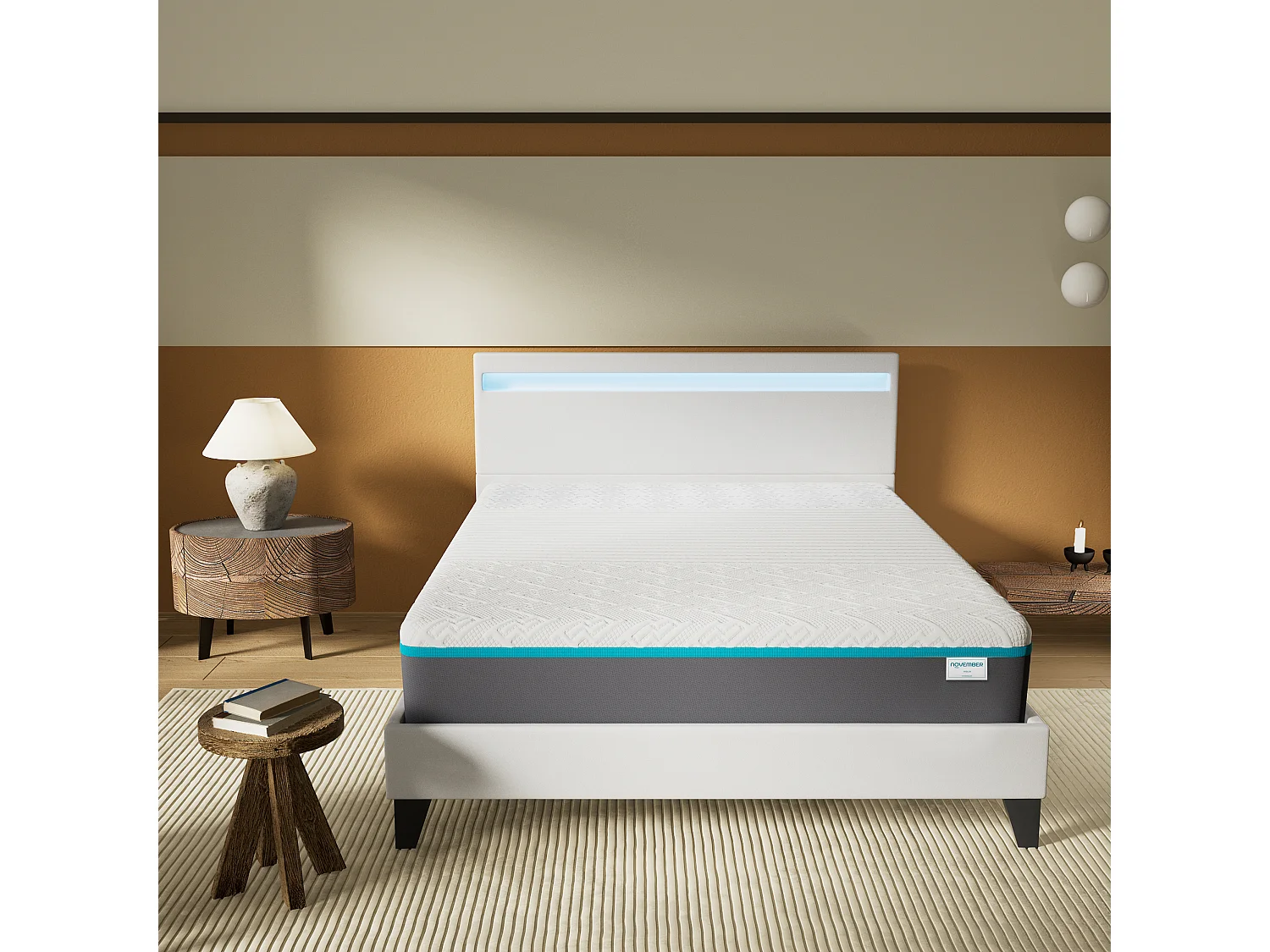 Ensemble Matelas Mousse + Lit Avec Tête De Lit 140x190cm Epaisseur 28cm Equilibré Accueil Latex