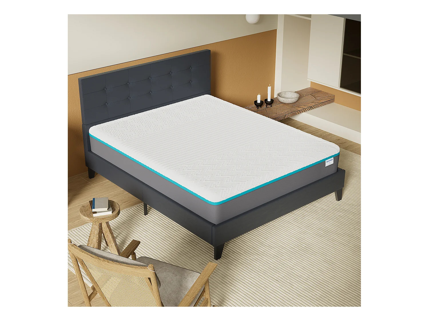 Ensemble 140x200 cm, lit avec tête de lit + Matelas mousse latex ép.28cm accueil à mémoire de forme