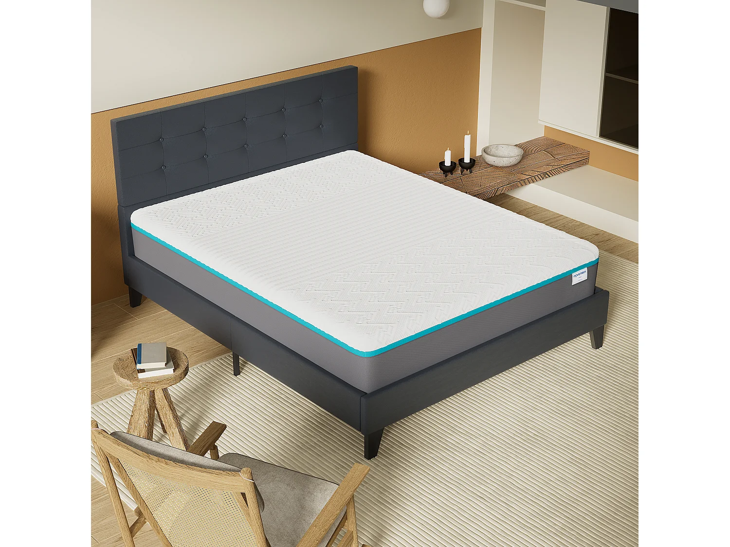 Ensemble 140x200 cm, lit avec tête de lit + Matelas mousse latex ép.28cm accueil à mémoire de forme