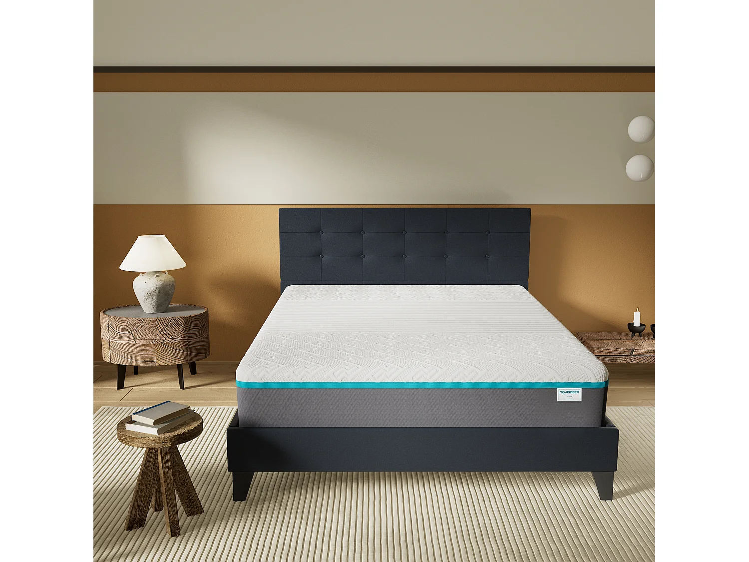 Ensemble 140x200 cm, lit avec tête de lit + Matelas mousse latex ép.28cm accueil à mémoire de forme