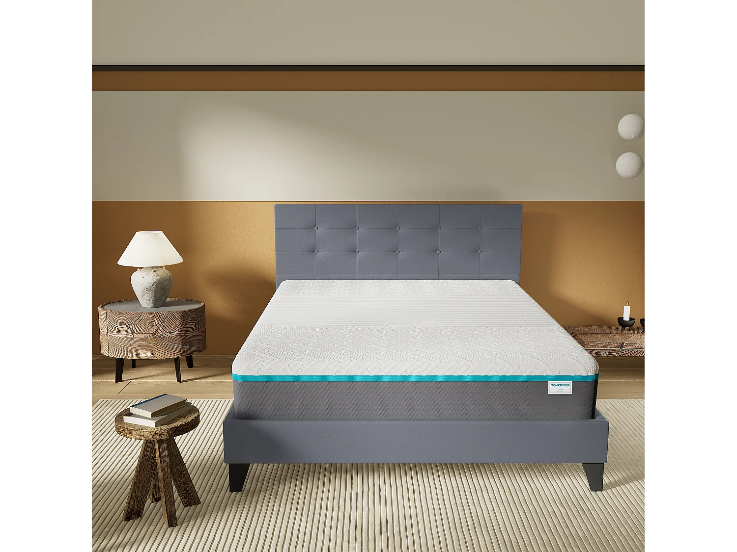 Ensemble 160x200 cm, lit avec tête de lit + Matelas mousse latex ép.28cm accueil à mémoire de forme