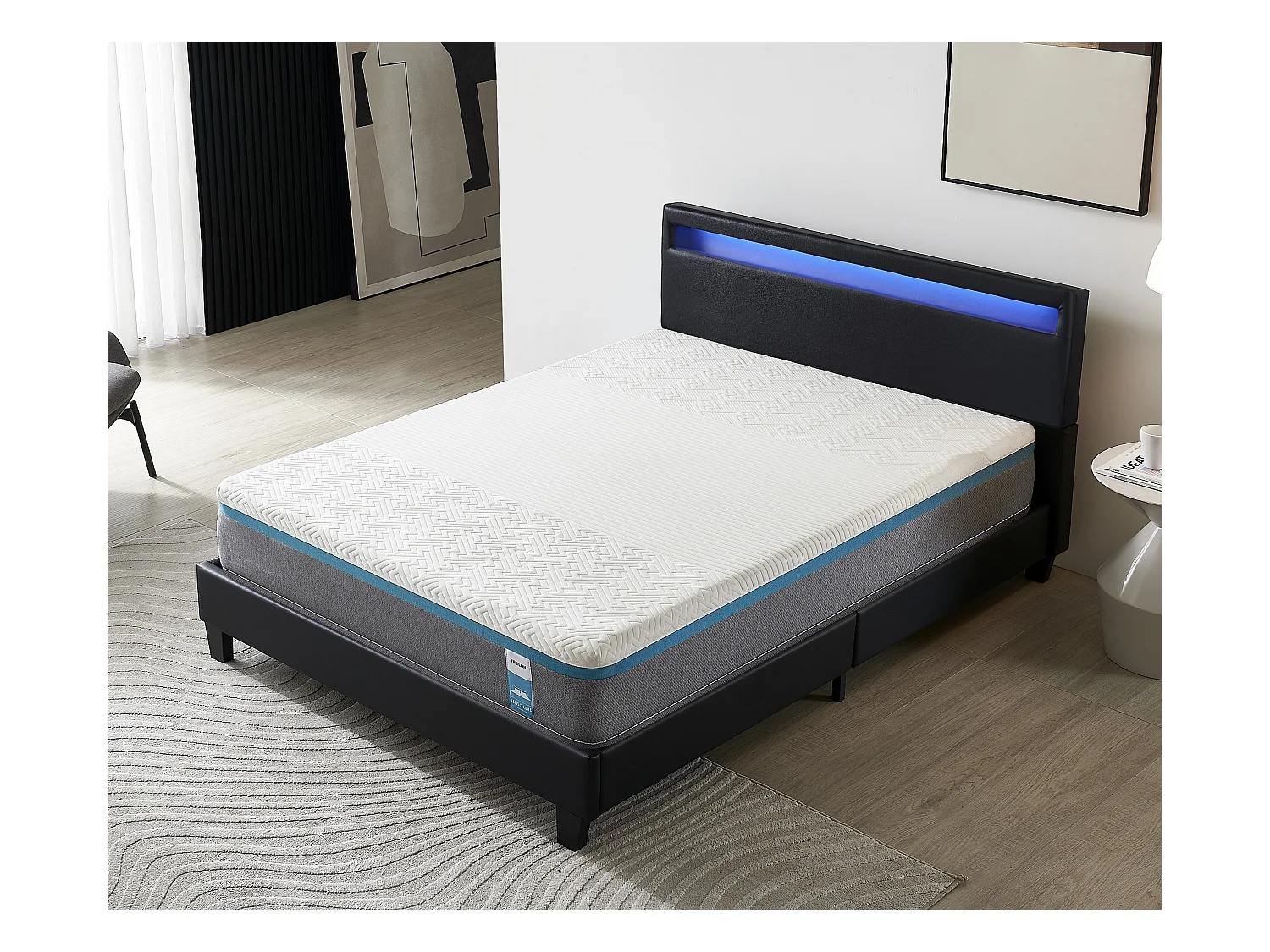 Ensemble Matelas Mousse + Lit Avec Tête De Lit 160x200cm Epaisseur 28cm Equilibré Accueil Latex