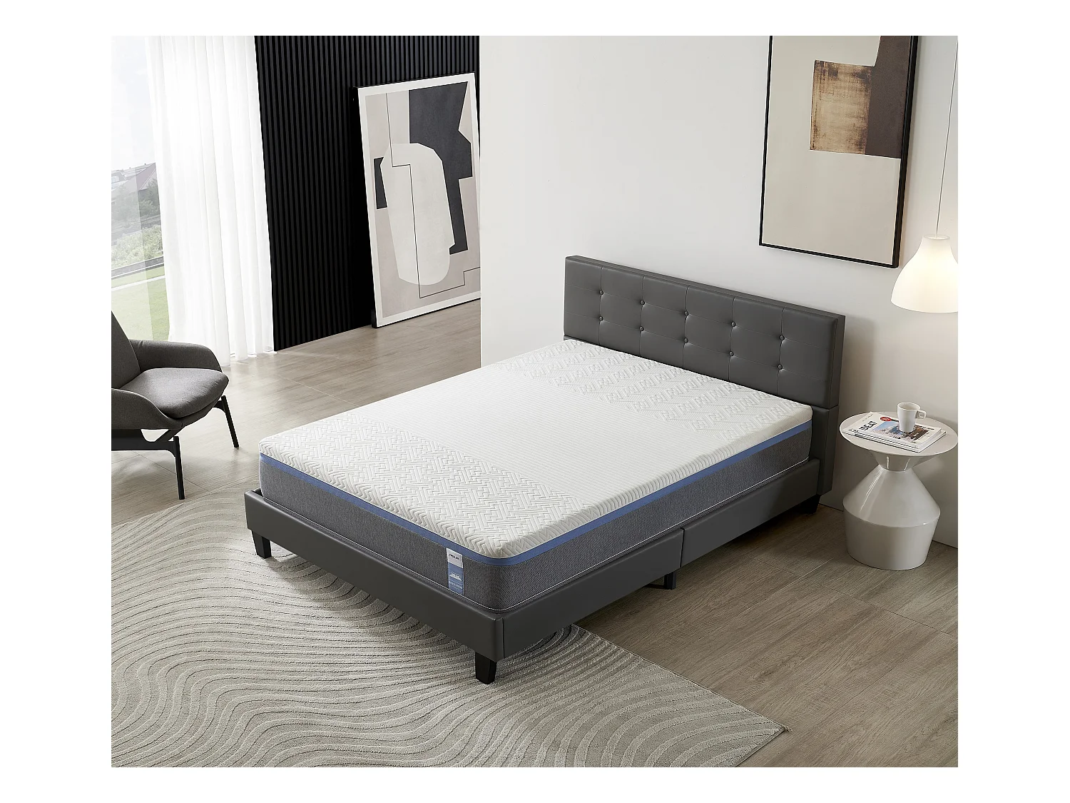Ensemble Matelas + Lit Avec Tête De Lit 140x190 Cm, Ypsilon Souple 28cm D’épaisseur