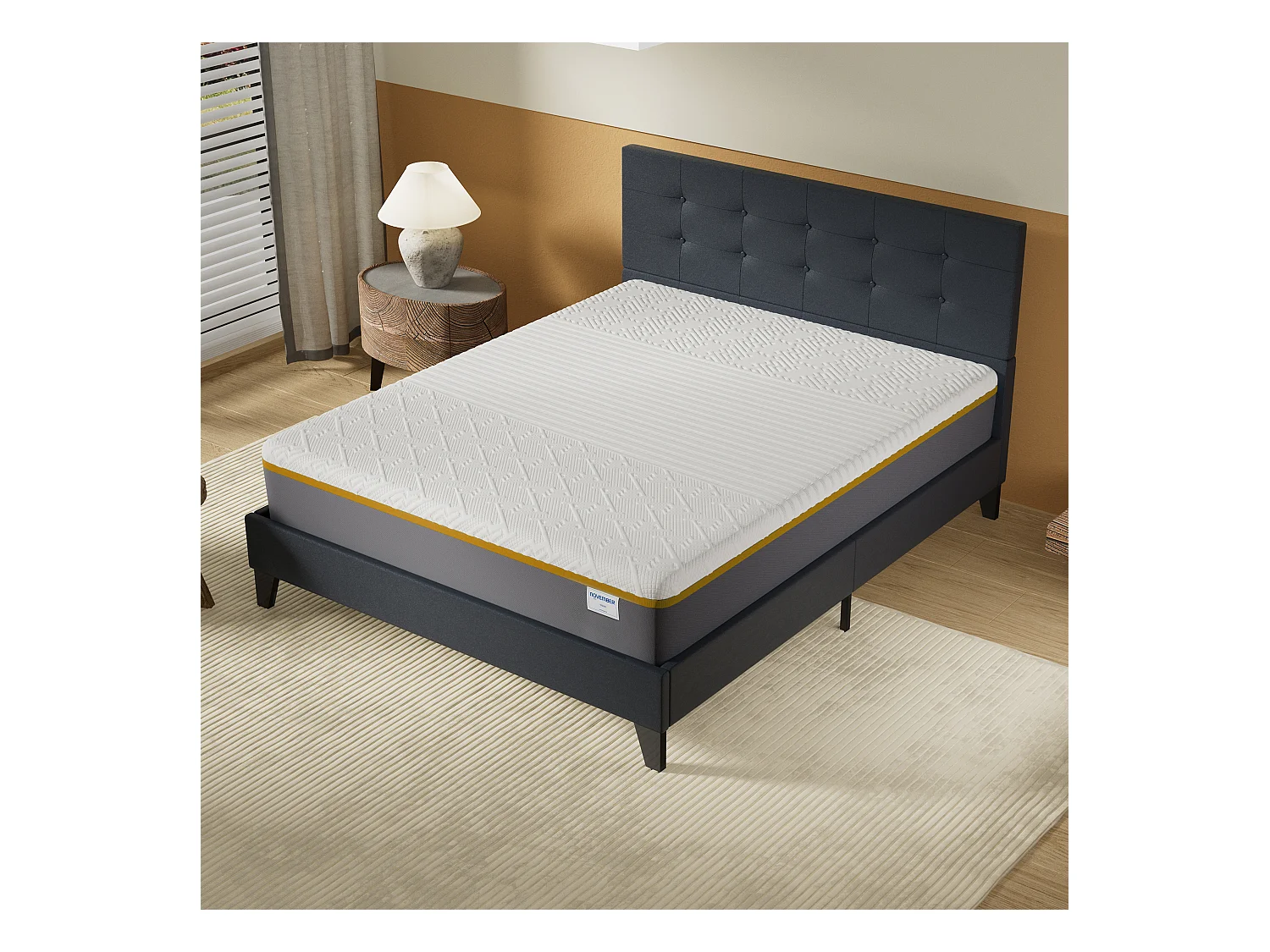 Ensemble 140x190 cm, lit avec tête de lit + Matelas mousse latex ép.28cm accueil à mémoire de forme