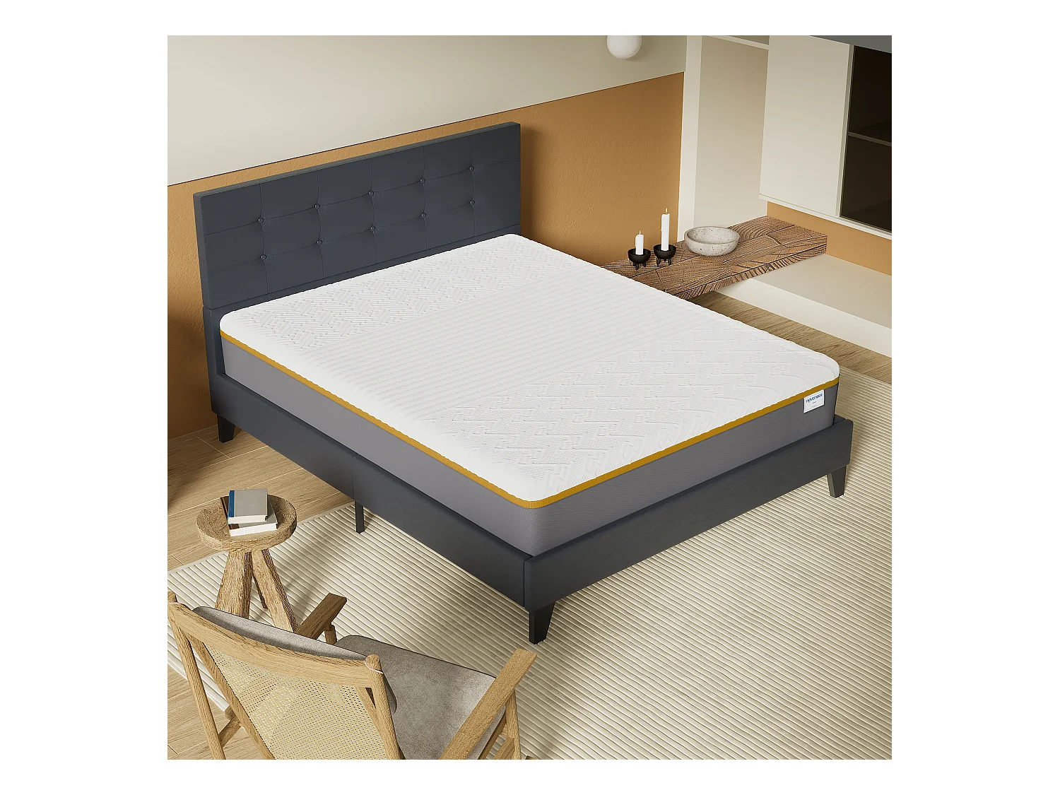 Ensemble 140x190 cm, lit avec tête de lit + Matelas mousse latex ép.28cm accueil à mémoire de forme