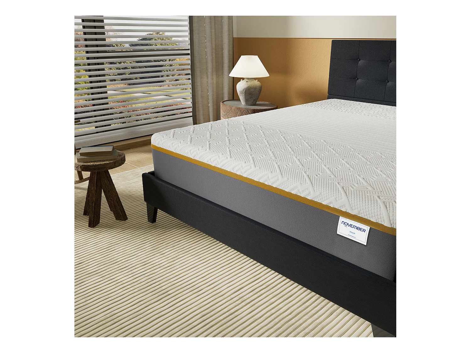 Ensemble 140x190 cm, lit avec tête de lit + Matelas mousse latex ép.28cm accueil à mémoire de forme