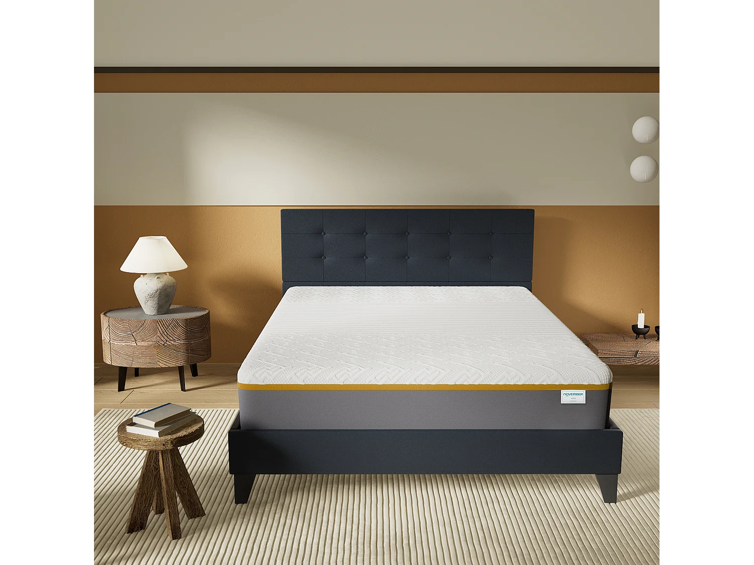 Ensemble 140x190 cm, lit avec tête de lit + Matelas mousse latex ép.28cm accueil à mémoire de forme