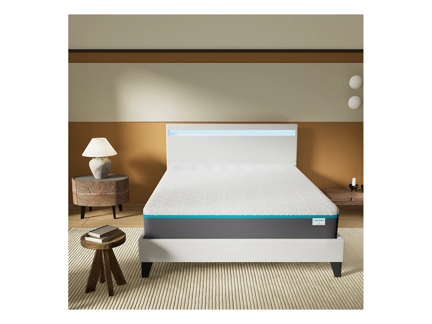 Ensemble Matelas Mousse + Lit Avec Tête De Lit 160x200cm Epaisseur 28cm Equilibré Accueil Latex
