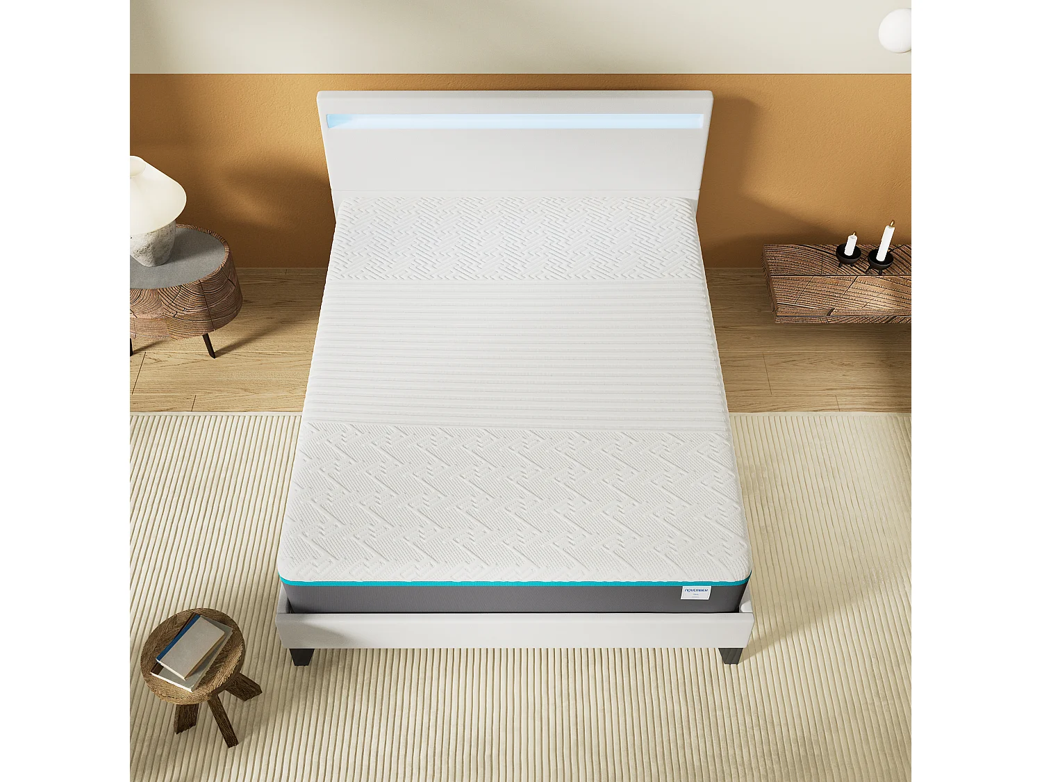 Ensemble Matelas Mousse + Lit Avec Tête De Lit 160x200cm Epaisseur 28cm Equilibré Accueil Latex
