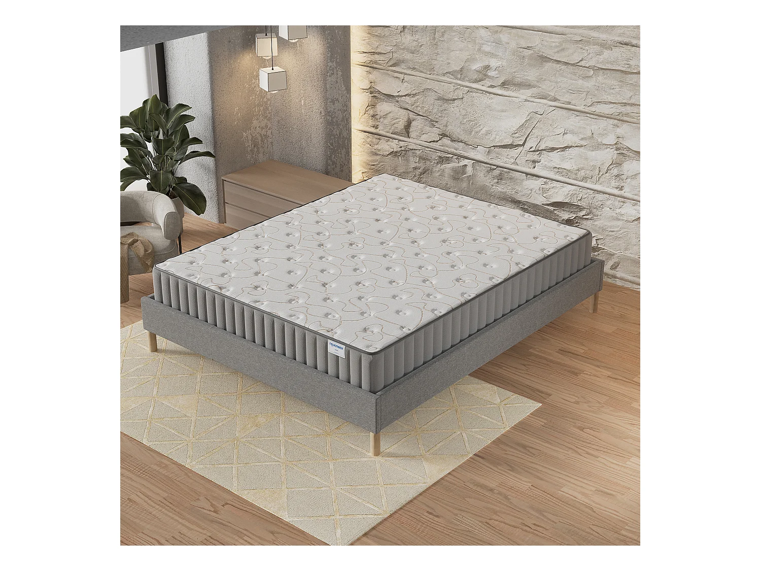 Ensemble matelas mémoire de forme + sommier 140x190cm, Matelas 16cm d’épaisseur et sommier tissu gris